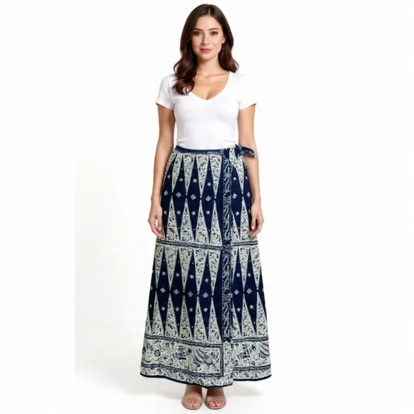 16🍀Lauren Ralph Lauren Navy/White/Grey Wrap Patterned Maxi Skirt - Picture 2 of 10